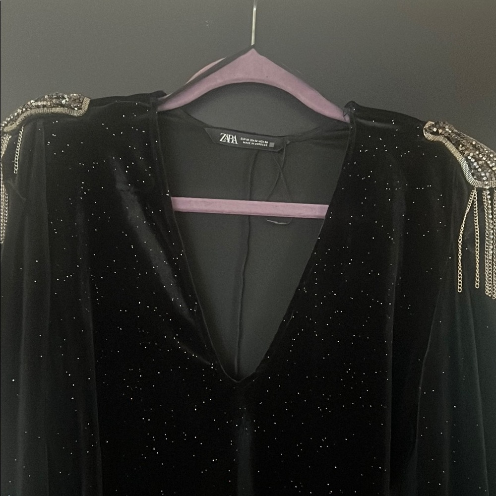 Zara Black Velvet bodysuit with Beaded Shoulders